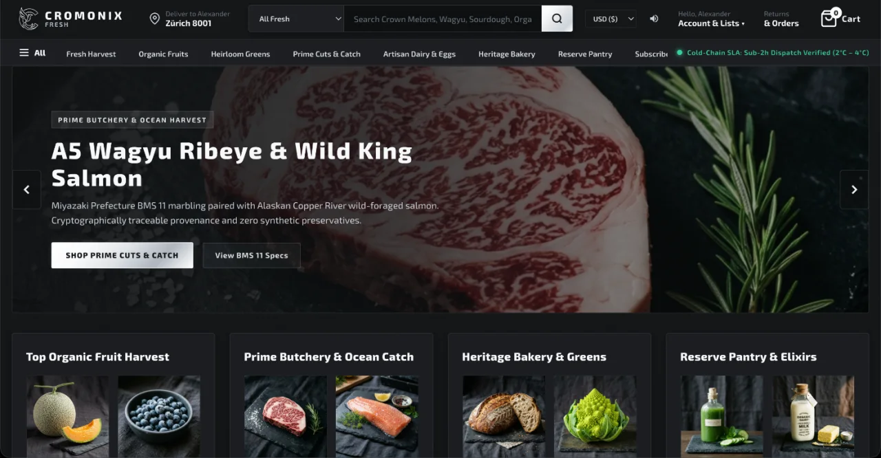 Preview of the Cromonix Fresh online grocery storefront, with product categories, featured items, and grocery cards