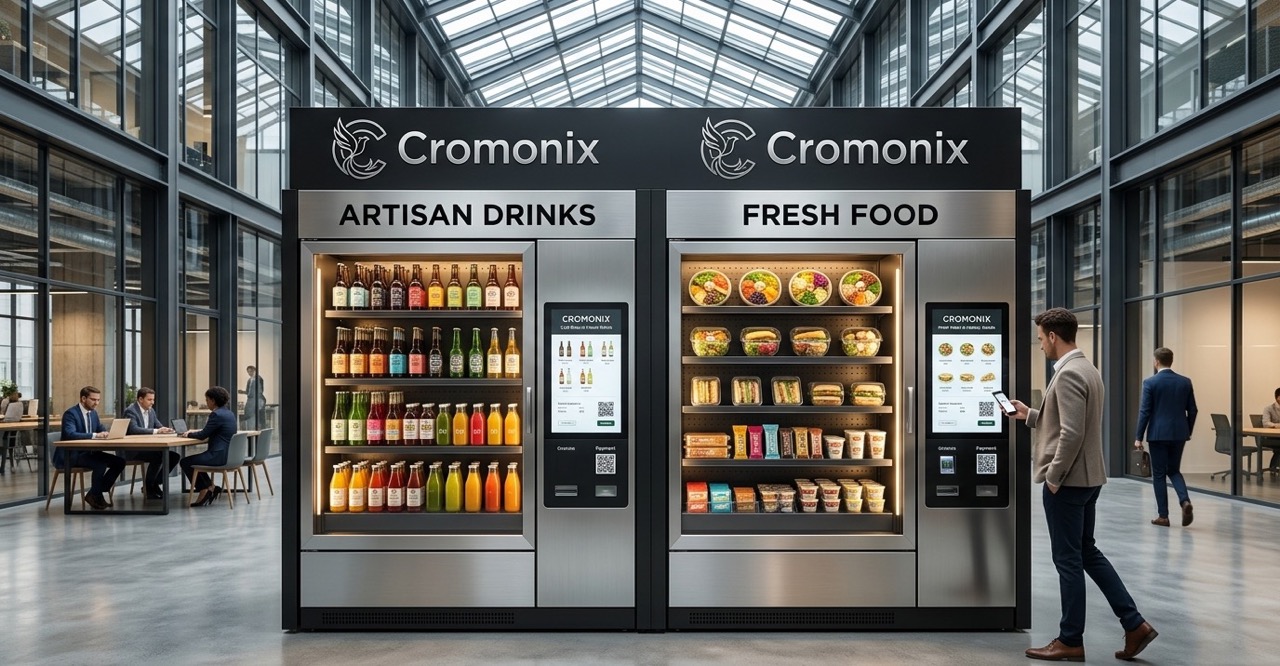 Preview of Cromonix self-service retail stations with artisan drinks and fresh food